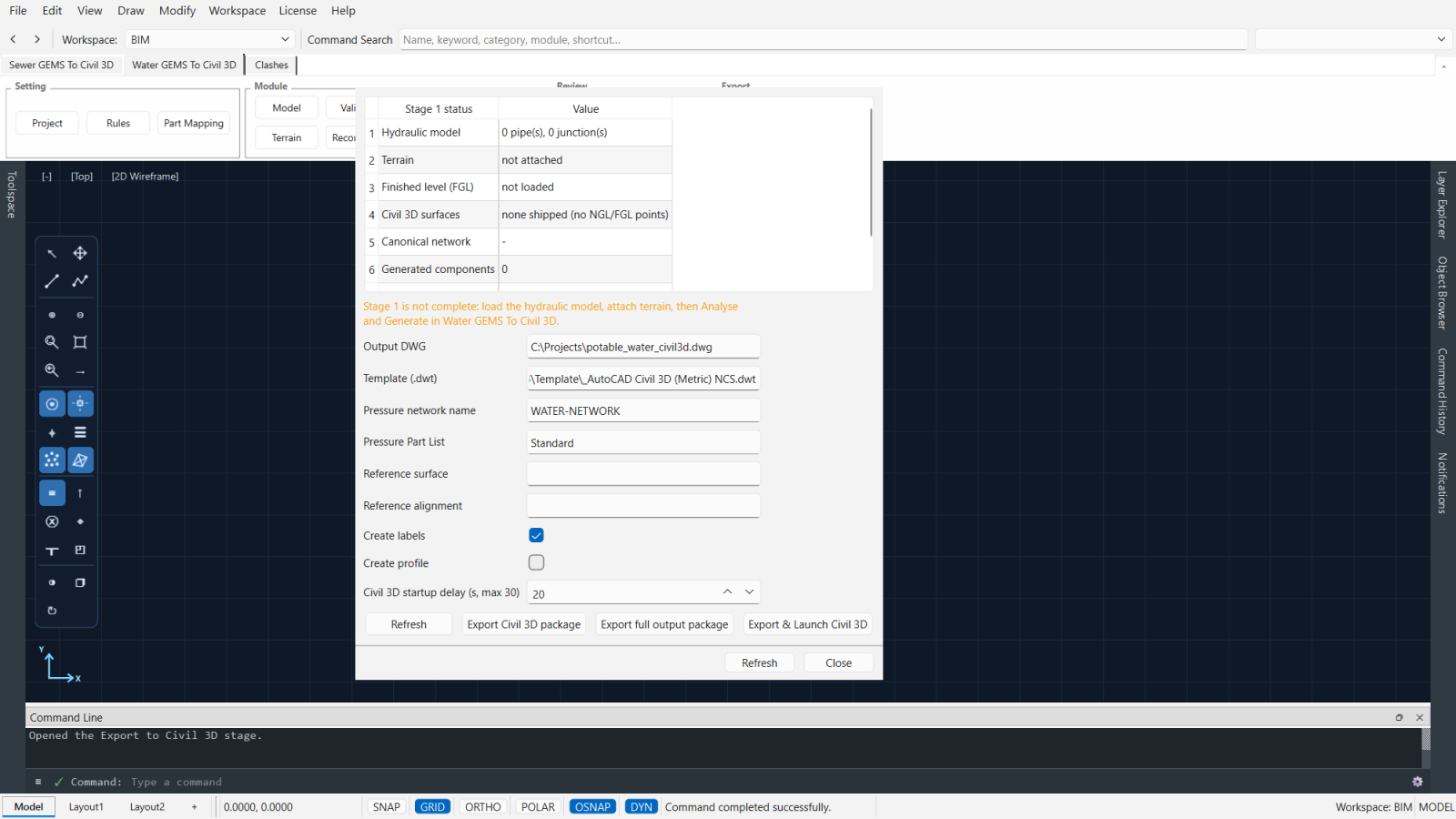 Water GEMS To Civil 3D in the EGS IS workspace